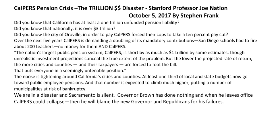 CalPERS Pension Crisis –The TRILLION $$ Disaster – Stanford Professor Joe Nation October 5, 2017 By Stephen Frank